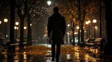 ein Mann ist Gehen Nieder ein nass Straße beim Nacht foto