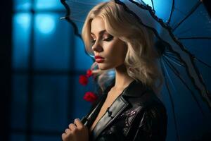 ein schön blond Frau mit ein Regenschirm im das dunkel generativ ai foto
