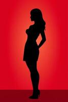 ein Silhouette von ein Frau im ein kurz Kleid gegen ein rot Hintergrund generativ ai foto