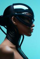 ein Bild von ein Frau tragen ein futuristisch Helm generativ ai foto