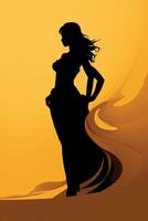 Silhouette von ein Frau im ein lange Kleid Stehen auf ein Sand Düne generativ ai foto