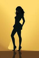 Silhouette von ein Frau im hoch Absätze auf ein Gelb Hintergrund generativ ai foto