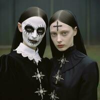 zwei Frauen gekleidet im Nonne Outfits mit Weiß bilden auf ihr Gesichter generativ ai foto