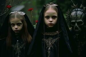 drei jung Mädchen gekleidet im schwarz mit Schädel auf ihr Gesichter generativ ai foto