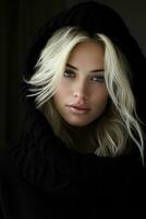 ein schön blond Frau im ein schwarz Kapuzenpullover generativ ai foto