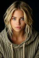 ein schön blond Frau im ein Sweatshirt generativ ai foto