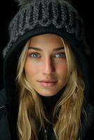 ein schön blond Frau im ein Winter Hut generativ ai foto