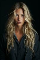 ein schön blond Frau mit lange Haar und Blau Augen generativ ai foto