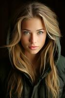 ein schön jung Frau mit lange blond Haar und Grün Augen generativ ai foto