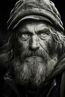ein schwarz und Weiß Foto von ein alt Mann mit ein Bart