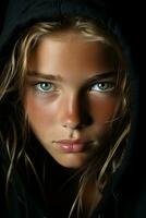ein jung Mädchen mit Grün Augen im ein schwarz Kapuzenpullover generativ ai foto
