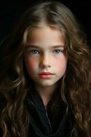 ein jung Mädchen mit lange lockig Haar und Blau Augen generativ ai foto