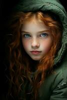 ein jung Mädchen mit rot Haar und Blau Augen generativ ai foto