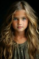 ein jung Mädchen mit lange wellig Haar und Grün Augen generativ ai foto