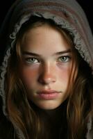 ein jung Frau mit Grün Augen ist tragen ein mit Kapuze Sweatshirt generativ ai foto