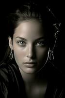 schwarz und Weiß Foto von ein Frau mit groß Ohrringe generativ ai