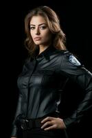 ein schön Frau im ein Polizei Uniform Stehen im Vorderseite von ein schwarz Hintergrund generativ ai foto