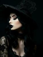 ein schön Frau im schwarz bilden und ein Hexe Hut generativ ai foto