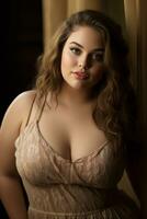 ein schön Frau mit groß Brüste posieren zum das Kamera generativ ai foto
