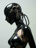 ein Frau im ein schwarz Latex Körper passen mit Drähte befestigt zu ihr Kopf generativ ai foto
