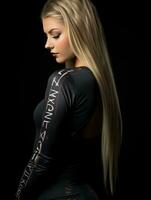 ein Frau mit lange blond Haar tragen ein schwarz Bodysuit generativ ai foto