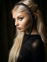 ein Frau mit lange blond Haar tragen ein Stirnband generativ ai foto