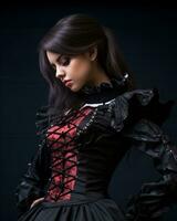 schön jung Frau im gotisch Kleid auf dunkel Hintergrund generativ ai foto