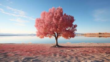 3d Rendern von ein Rosa Baum auf das Ufer von ein See generativ ai foto