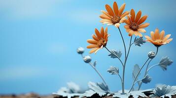 3d Rendern von Orange Blumen auf ein Blau Himmel Hintergrund generativ ai foto