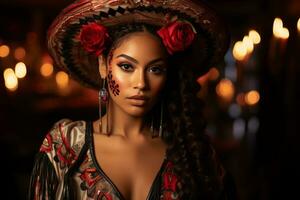 ein schön Frau im ein Mexikaner Sombrero generativ ai foto