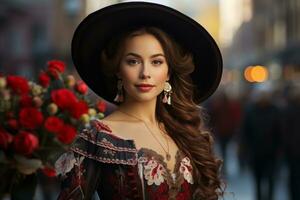 ein schön Frau im ein traditionell Mexikaner Kleid mit rot Rosen generativ ai foto