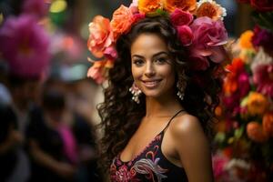 ein schön Frau mit Blumen im ihr Haar generativ ai foto