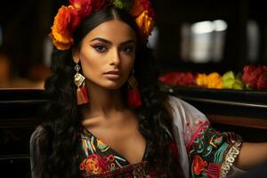 ein schön jung Frau im ein Mexikaner Kleid mit Blumen im ihr Haar generativ ai foto