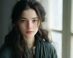 ein schön jung Frau mit lange Haar und Grün Augen foto