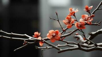 ein Ast mit Orange Blumen im ein schwarz und Weiß Foto generativ ai