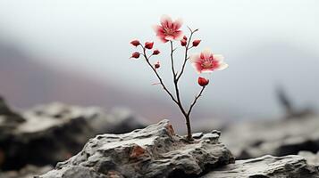 ein Blume wachsend aus von ein Felsen im das Mitte von ein Feld generativ ai foto