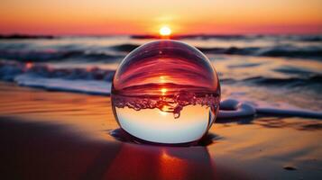 ein Glas Ball Sitzung auf das Strand beim Sonnenuntergang generativ ai foto