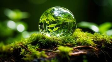 ein Glas Ball mit Grün Blätter auf oben von ein Moos bedeckt Baum generativ ai foto