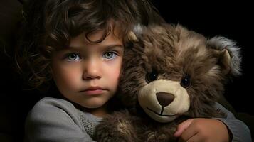 ein wenig Mädchen halten ein Teddy Bär generativ ai foto