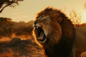 ein Löwe brüllend im das wild beim Sonnenuntergang generativ ai foto