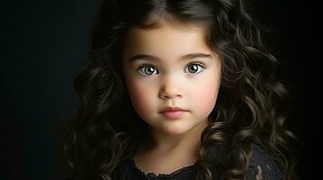 ein wenig Mädchen mit groß Blau Augen auf ein schwarz Hintergrund generativ ai foto