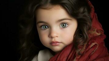 ein wenig Mädchen mit groß Grün Augen ist tragen ein rot Schal generativ ai foto