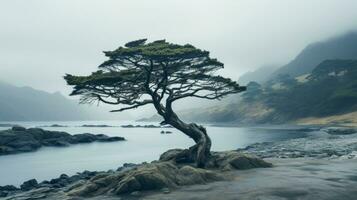 ein einsam Baum auf das Ufer von ein Körper von Wasser generativ ai foto