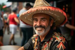 ein Mann tragen ein Mexikaner Hut lächelt zum das Kamera generativ ai foto