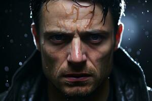 ein Mann mit nass Haar im das Regen generativ ai foto
