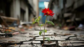 ein rot Blume wachsend aus von ein Riss im das Boden generativ ai foto