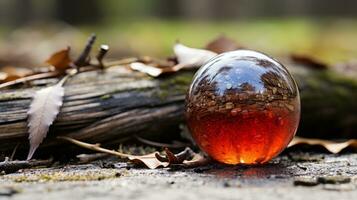 ein rot Glas Ball Sitzung auf oben von etwas Blätter generativ ai foto