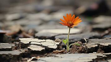 ein Single Orange Blume wachsend aus von geknackt Boden generativ ai foto