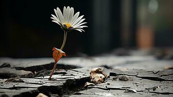 ein Single Weiß Blume wachsend aus von ein Riss im das Boden generativ ai foto