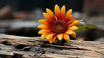 ein Single Sonnenblume auf ein Stück von Holz generativ ai foto